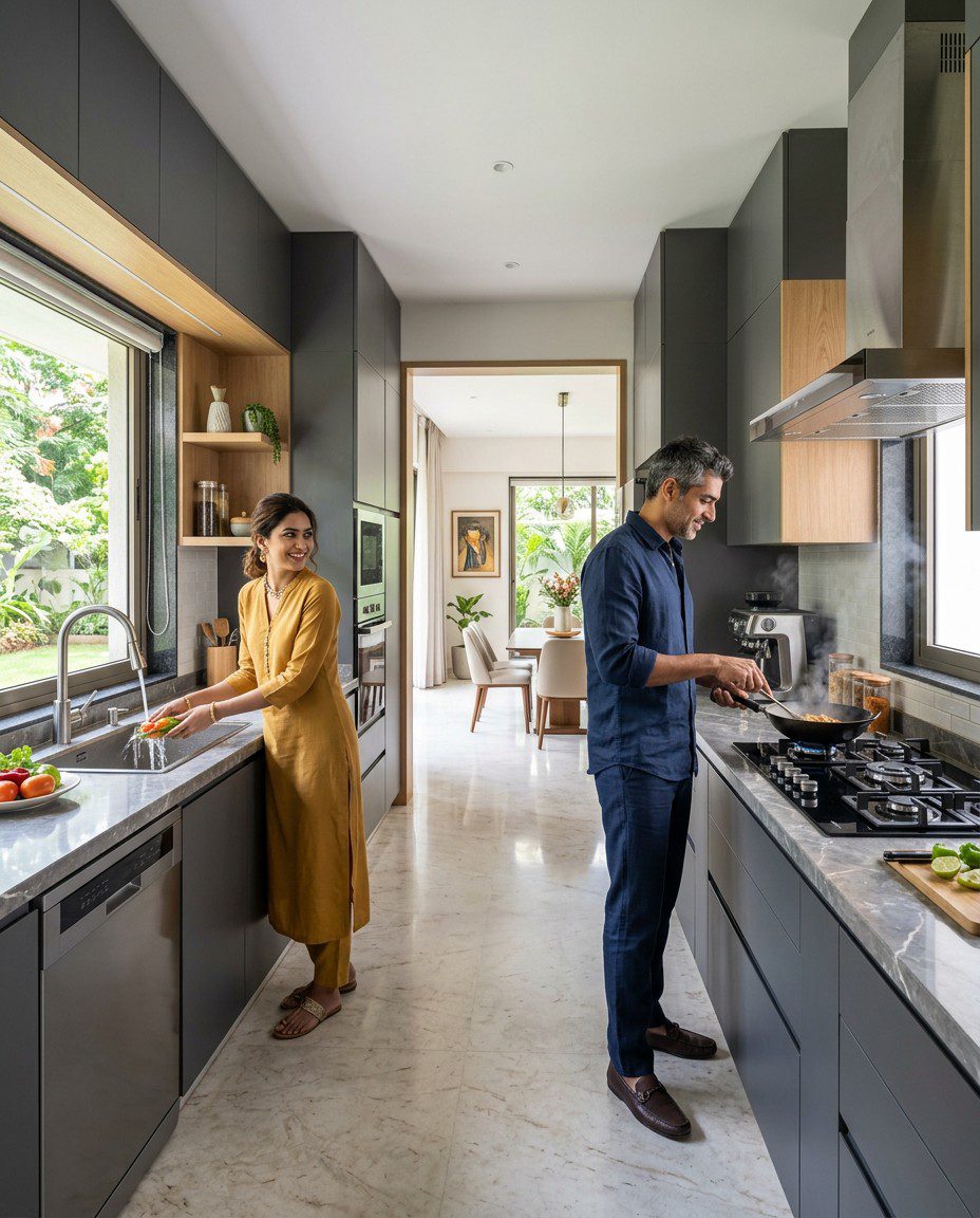 A young South Indian couple cooking together in a modern luxury open kitchen