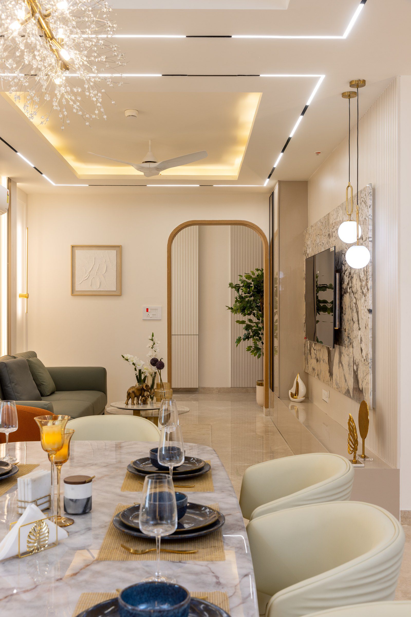 Upholstered dining chairs in a luxury dining room interior design, Hyderabad