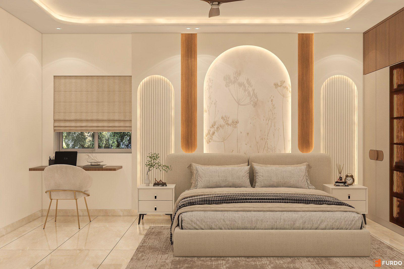 Design render of master bedroom Option B with stone-effect headboard wall, Hyderabad