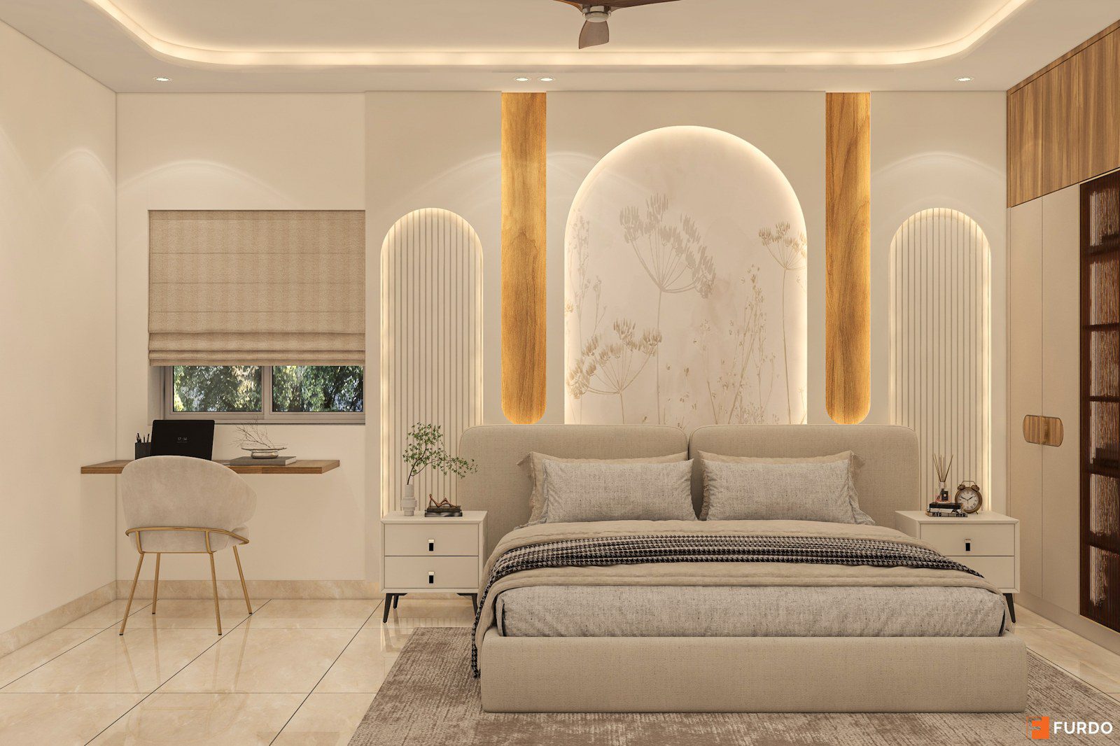 Design render of master bedroom Option A with wood-panel headboard wall, Hyderabad