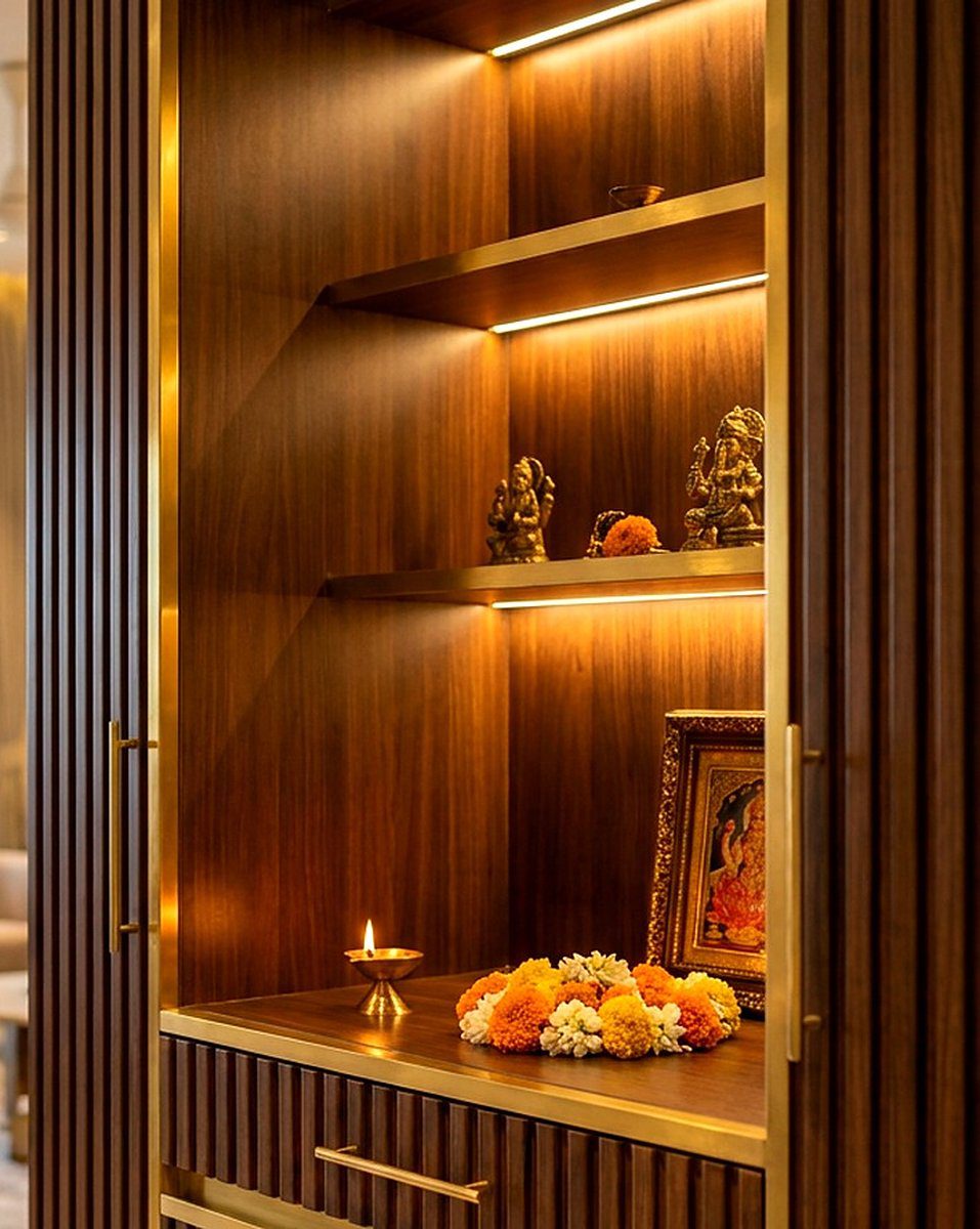 Design illustration of a walnut and brass pooja unit, showing a lit brass diya on a metal sill beneath open backlit display shelves
