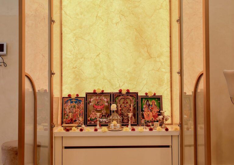 Read more about the article Modern pooja room design: blue, gold and quiet devotion